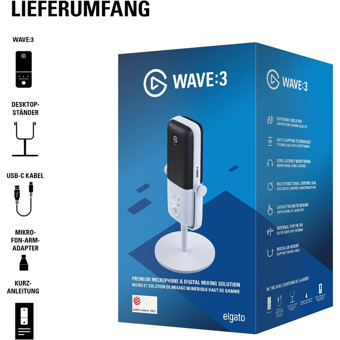 Мікрофон Elgato Wave:3 White - USB конденсаторний для стрімінгу, подкастів, геймінгу та роботи. З безкоштовним ПЗ
