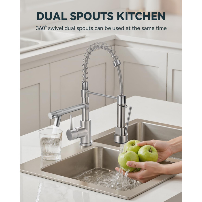 Сучасна кухонна змішувач Warmiehomy з LED-підсвічуванням, поворотний на 360°, з двома виливами, високий вигин, спіральна пружина, для мийки, з нержавіючої сталі, брашований нікель