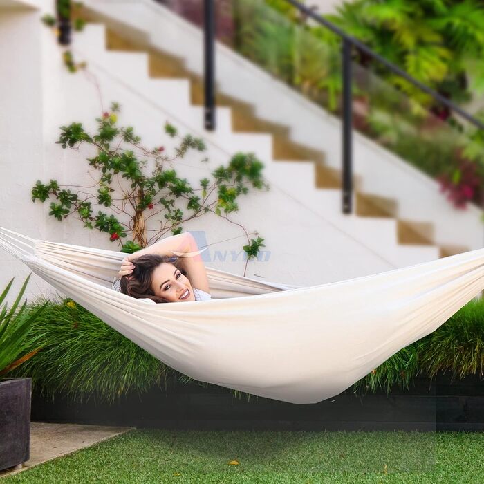 Гаммак Anyoo для відпочинку на природі: зручна бавовняна гамак з ременями для підвішування на дерева, міцна та портативна, з сумкою для перенесення. Ідеально підходить для саду, балкону, тераси, кемпінгу. Колір: бежевий.