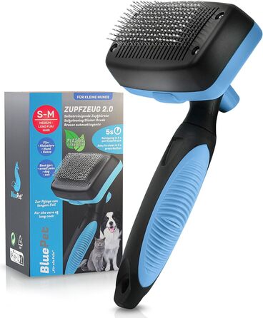Щітка для собак і котів BluePet для довгої шерсті - видаляє підшерсток, ковтуни та вузли. Версія 2.0 з кнопкою для очищення. Для щоденного використання (Блакитна)