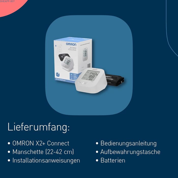 Тонометр OMRON X2+ Connect з Bluetooth: клінічно перевірений, виявляє нерегулярне серцебиття, універсальна манжета 22-42 см