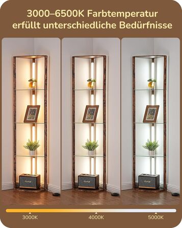 Стійка лампа EDISHINE з 4 полицями з дерева, LED диммер, 3 кольори світла, поворотний світловий маніпулятор, підсвічування полиць, регулювання яскравості, футовий вимикач, для вітальні (Вінтаж-коричневий+скло)