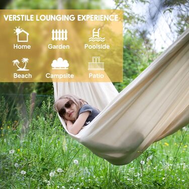 Гаммак Anyoo для відпочинку на природі: зручна бавовняна гамак з ременями для підвішування на дерева, міцна та портативна, з сумкою для перенесення. Ідеально підходить для саду, балкону, тераси, кемпінгу. Колір: бежевий.