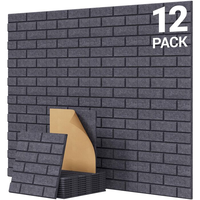 Акустичні панелі TONOR під цеглу самоклеючі, 12 шт (30x30x0.9 см), звукопоглинаючі панелі для шумоізоляції та декору стін, темно-сірі