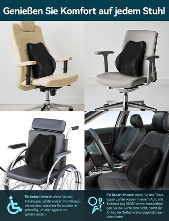 Подушка для спини Ergonomica Travel Ease з Memory Foam, для офісного та комп'ютерного крісла, з антистатичним, приємним до шкіри чохлом, для комфортної посадки (Чорний)