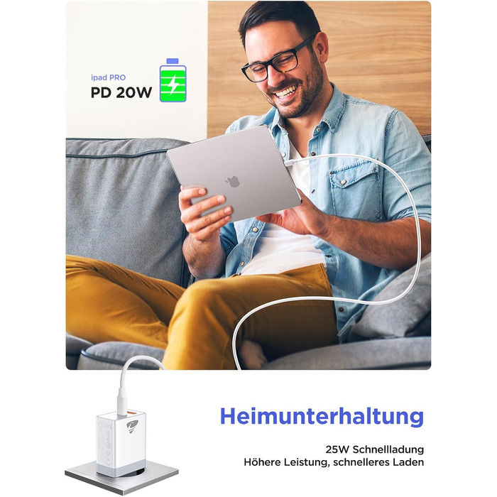 Зарядний пристрій USB C з двома портами, 20W, PD 3.0, Power Adapter з кабелем USB C - USB C 2м, для iPhone, Samsung та інших смартфонів, білий