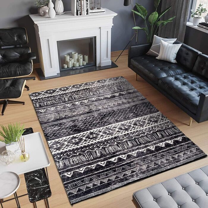 Килим для вітальні сучасний, короткий ворс, нековзний, миючий, м'який, для вітальні, спальні та їдальні, сірий та білий, 120 x 160 см сіро-білий (чорно-білий, 80 x 120 см (прямокутний))