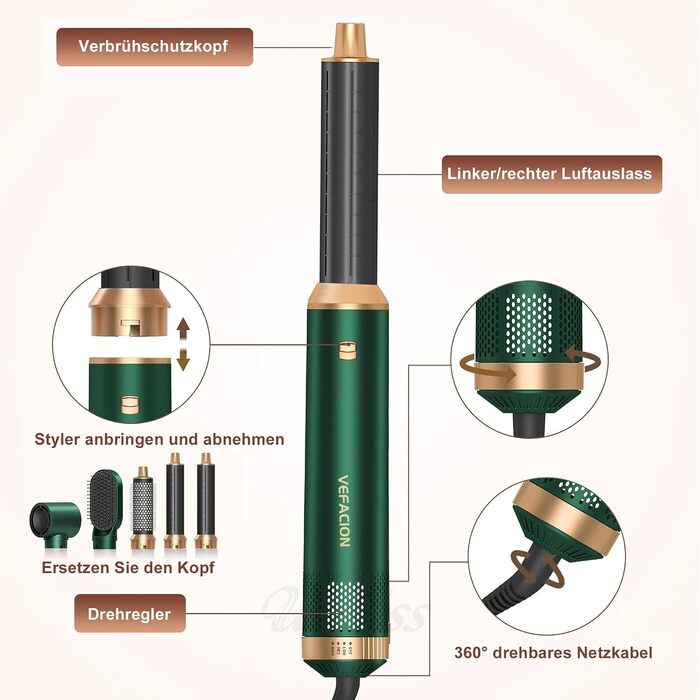 Мультистайлер для волосся 5-в-1 Air Styler 1000W: фен-щітка, автоматичний локон, вирівнювач та об'ємний стайлер, зелений