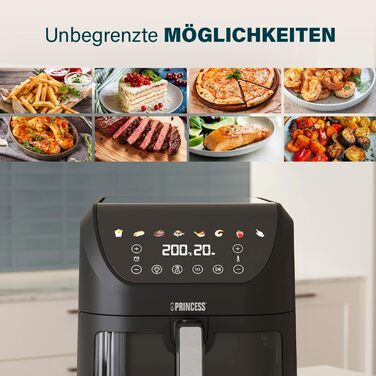 Princess SlimFry Hot Air Fryer 8 L, space-saving, fat-free cooking technology, 8 programs, viewing window, powerful (2000 W) and quiet operation (55 db), Black, Airfryer 01.182258.01.001 COMPACT, SLIM DESIGN 8L