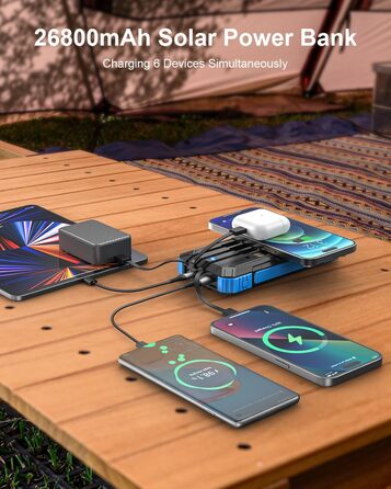 Сонячний павербанк 26800 mAh з 4 кабелями, USB-C, Qi, LED-ліхтарик, для телефонів, планшетів та кемпінгу