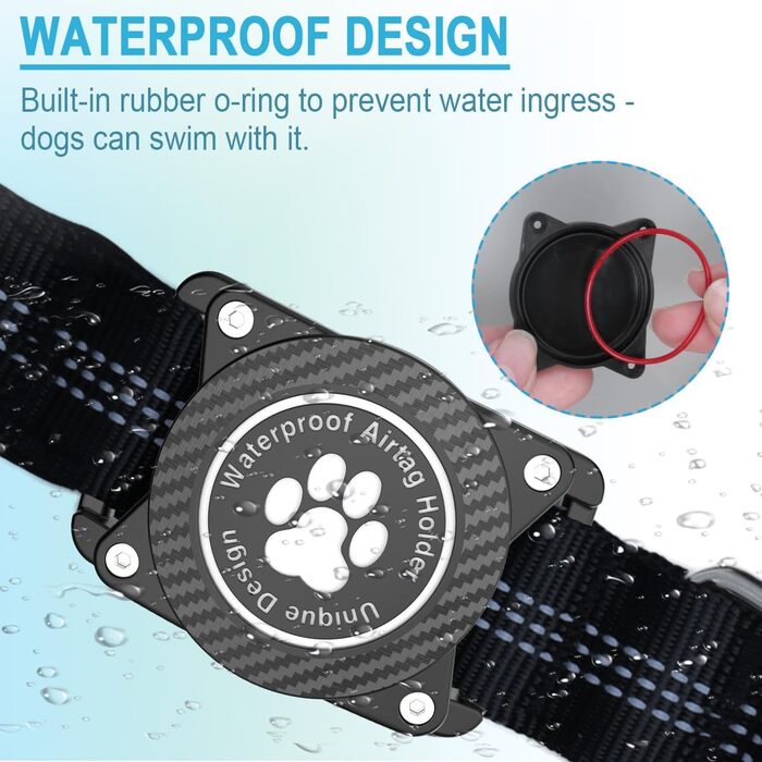 Світловідбиваючий нашийник для Apple AirTag для собак, регульований, водонепроникний, чорний, L (37.5-51.5 см)