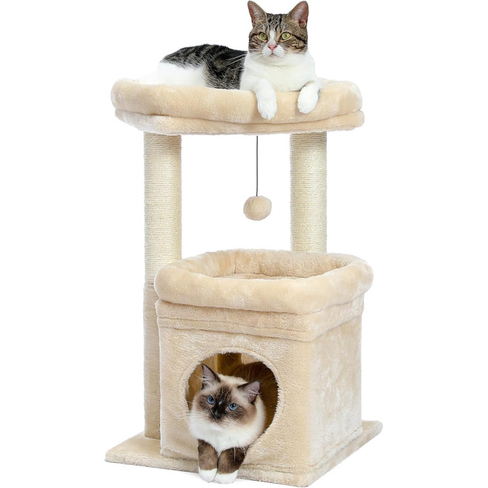 PAWZ Road Cat Tree, Multi-Tier Cat Tower with Sisal-Covered Scratching Post, Cozy Cat Condo & Large Cat Perch for House Cats, Beige