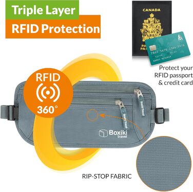 Грошовий пояс на талію Boxiki Travel з RFID-захистом - для документів, грошей та телефону - безпечний та зручний для подорожей (Сірий)