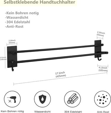 Тримач для рушників Vista без свердління, подвійний, 43.5 см, нержавіюча сталь, рушник-стійка для ванної кімнати, самоклеючий, для ванної кімнати та кухні (чорний)