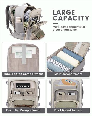 Рюкзак LOVEVOOK 40L для ручної поклажі в літак, жіночий, водонепроникний, з відділенням для ноутбука 17 дюймів, підходить для Easyjet, для подорожей, роботи, хайкінгу, оливково-бежевий (17.3 дюйми, світло-сіро-бежевий)