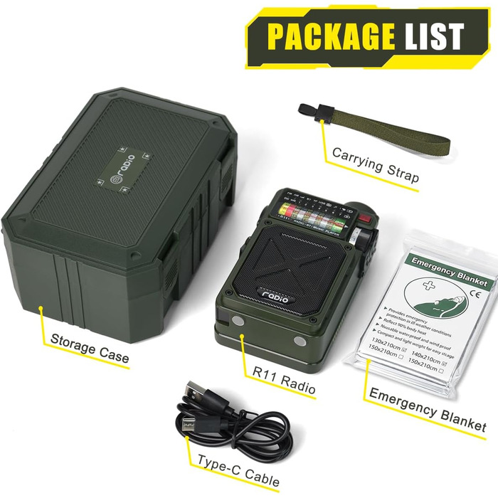 Радіо NOAA з живленням від сонця, USB, ручної динамо-машини 4000 mAh AM/FM/SW/WB – для кемпінгу та надзвичайних ситуацій, з ліхтариком та сигналом SOS