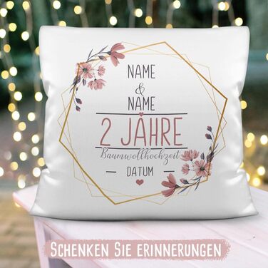 Pillow Wedding Day Cotton Wedding - Customize with Name & Date - 2 Years of Marriage, Wedding Gift, Anniversary, Engagement - Fluffy White Pillow, 40x40 cm | Personalized