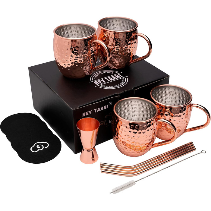 Moscow Mule Mug Set - 4 x 500 ml Copper Mug Set with Stainless Steel Interior - Cocktails, Iced Coffee, Lemonade & Gin Copper Mugs - 4 Straws, 4 Coasters, Jigger & Cleaning Brush