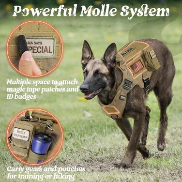 Шлейка для собак Rabbitgoo для великих собак без натягу, тактична нагрудна шлейка з MOLLE, металеві пряжки, дихаюча, військова, регульована, з підкладкою, L (1 шт., коричнева)