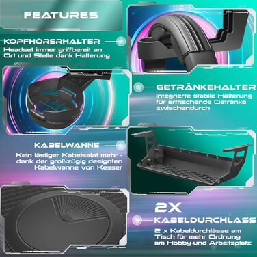 Ігровий стіл KESSER Gaming 180x80 см, Z-подібний ергономічний комп'ютерний стіл з карбоновим покриттям, підсвіткою LED, підставкою для напоїв та гачком для навушників, чорний