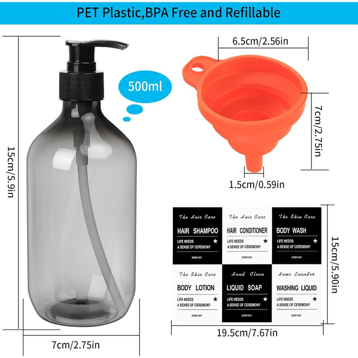 4 шт. Наповнювані порожні флакони для шампуню, 500 мл дозатори для мила, флакони з помпою з пластику, дозатори для лосьону, рідкого мила, шампуню, кондиціонера, гелю для душу, наклейки (прозорий чорний)