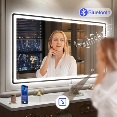 Дзеркало для ванної кімнати зі підсвічуванням STARLEAD 100x70 см з Bluetooth, антизапотівання, регулювання яскравості, 3 кольори світла, пам'ять, IP44, LED, горизонтальне/вертикальне, HD скло, Madrid Silver (M3015)