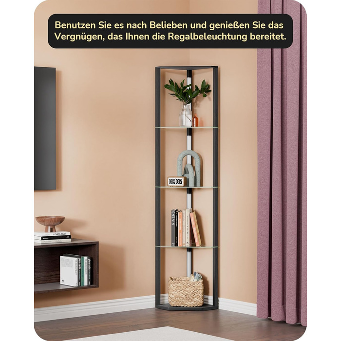 Стійка лампа EDISHINE з 4 полицями з дерева, LED диммер, 3 колірні температури, поворотний світловий маніпулятор, підсвічування полиць, футовий вимикач (чорний+скло)