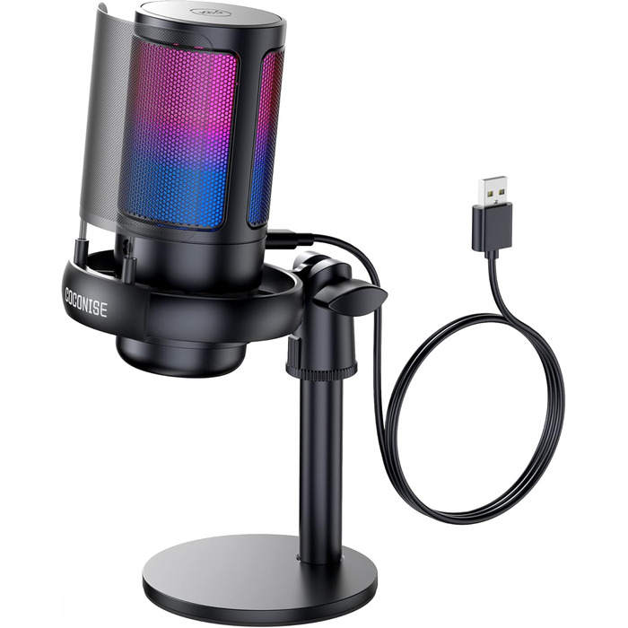 Ігровий мікрофон COCONISE RGB для ПК, стримінгу, подкастів, PS4/PS5, Mac. USB мікрофон з регулюванням гучності та навушником 3.5 мм, з підставкою