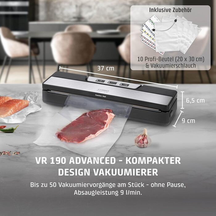 CASO VR 190 Advanced: Професійний вакуумний пакувальник з міцною зварювальною швом, 10 професійних пакети