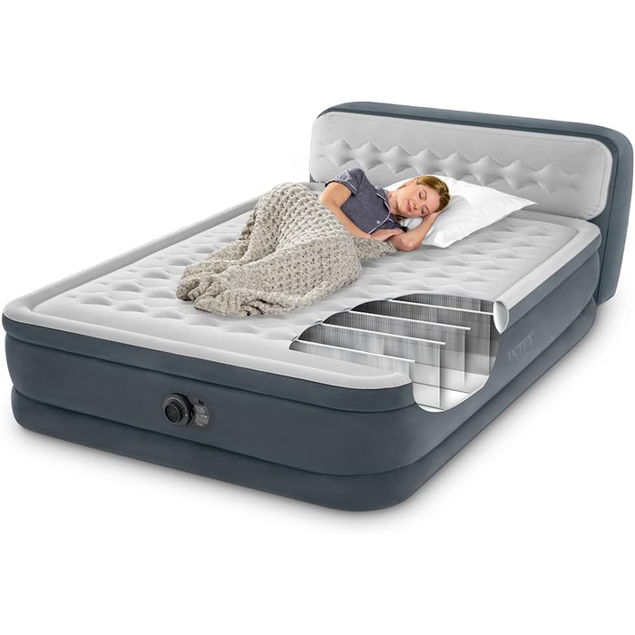 Надувна ліжко Intex Queen Dura-Beam з вбудованим електричним насосом та спинкою, сіра, розмір Single