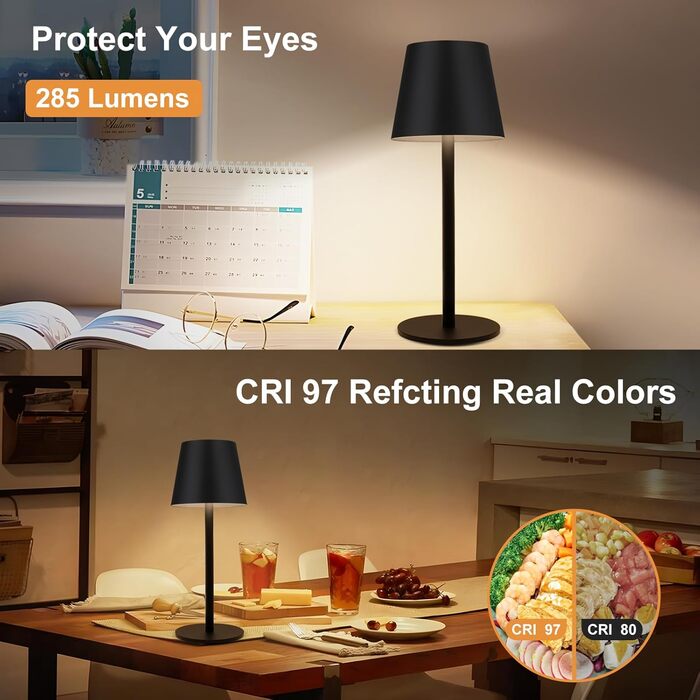 Світлодіодна настільна лампа бездротова з сенсорним керуванням, USB-C, димування, акумуляторна, 3 режими температури, регульована висота, IP54 водонепроникна для ресторану, спальні, бару, вулиці - Чорна