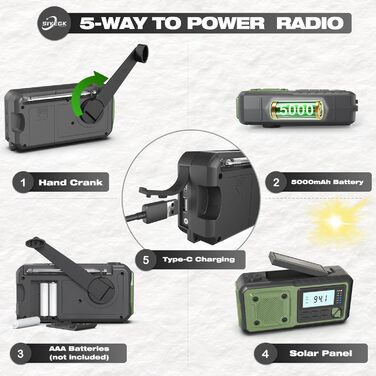Радіо-станція на сонячній енергії та з ручкою, 5000 mAh, радіо для екстрених ситуацій, NOAA/AM/FM, SOS-сигнал, ліхтарик, для дому та вулиці
