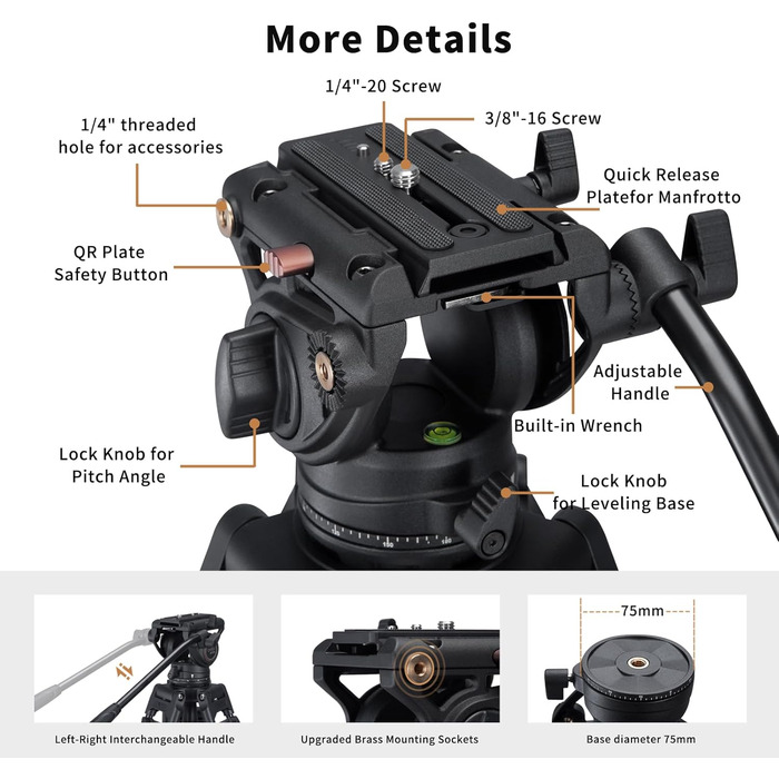 Штатив відео Cayer BV30L 72 дюйми - професійний штатив з алюмінію, рідинний упор K3, середній розвід, 6 кг, для DSLR/відеокамер + бонус Quick Release Plate