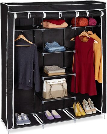 Relaxdays Fabric Clothes Closet, 9 Compartments, 2 Clothes Rails, HBT: 173 x 148 x 43 cm, Camping, Cellar, Folding Closet, Fabric, 10019122-139 (Black)