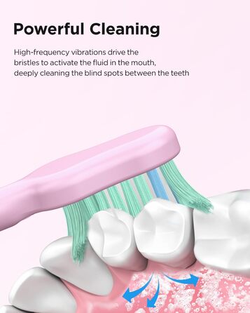 Електрична звукова зубна щітка для дорослих та дітей, 5 режимів чищення, 3 рівні інтенсивності, таймер, 8 насадок, чохол для подорожей, акумуляторна, чорний/рожевий