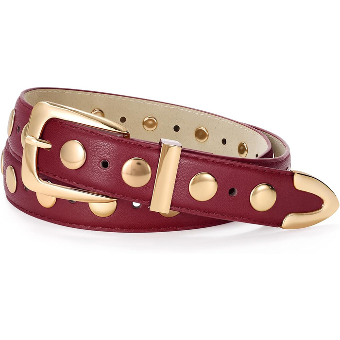 Жіночий шкіряний ремінь JASGOOD з золотистою пряжкою, вінтажний панк-рок, модний ремінь з шипами для джинсів та повсякденного носіння, 130 см: для розміру 105-114 см (Бордовий, 110 см: для розміру 78-92 см)