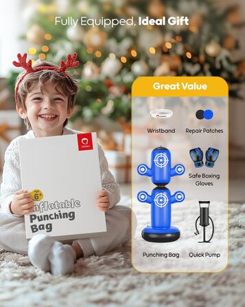 Дитячий боксерський мішок QPAU 360° з рукавичками, насосом та 6 цілями. Надувний боксерський мішок Bop Bag для карате, подарунок для хлопчиків та дівчаток (Блакитний)