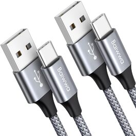 Кабель USB-C 1.5м, 2 шт. Швидка зарядка, нейлон, USB-A to USB-C для Samsung Galaxy, iPhone, Redmi, Pixel (сірий)