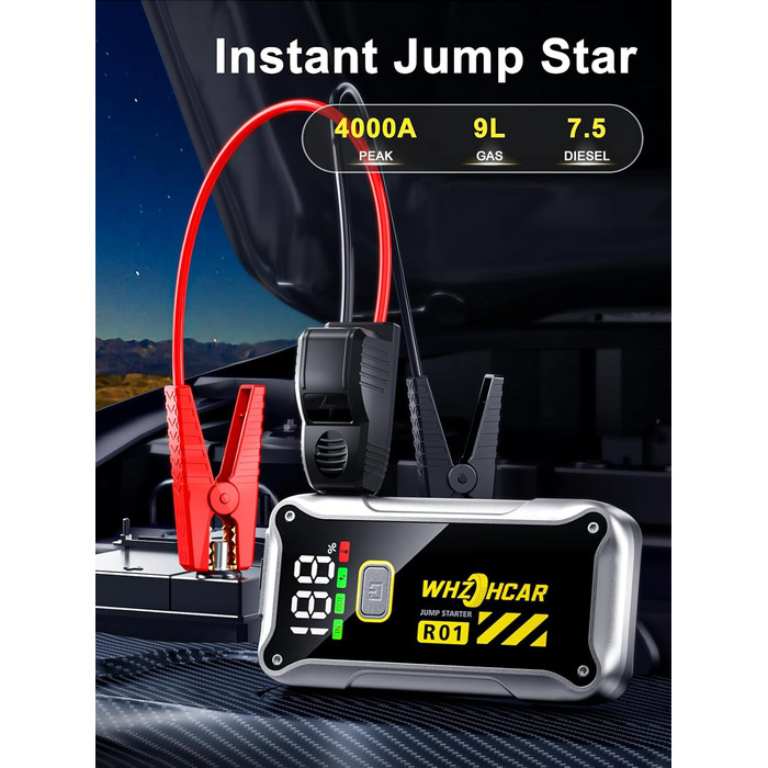 Powerbank Starthilfe 4000A: портативний пусковий пристрій для автомобіля 12V з LCD дисплеєм та LED ліхтариком. Підходить для бензинових (9.0L) та дизельних (7.5L) двигунів. Ідеально для SUV, мотоциклів та газонокосарок. Чорний колір.