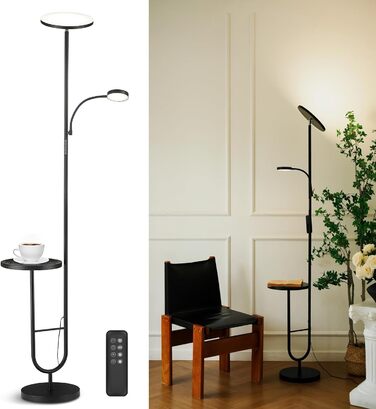 Стійка лампа LuminexDesigns з регулюванням яскравості, 36W+7W LED, 3200LM+600LM, 2700K-6500K, чорний колір. Сучасна підлогова лампа для вітальні з пультом дистанційного керування та функцією настільної лампи.