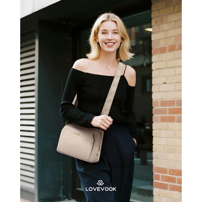 Сумка жіноча LOVEVOOK через плече, бежева: кросбоді, сумка середнього розміру, RFID-захист, 2 ремені 25x15x9 см