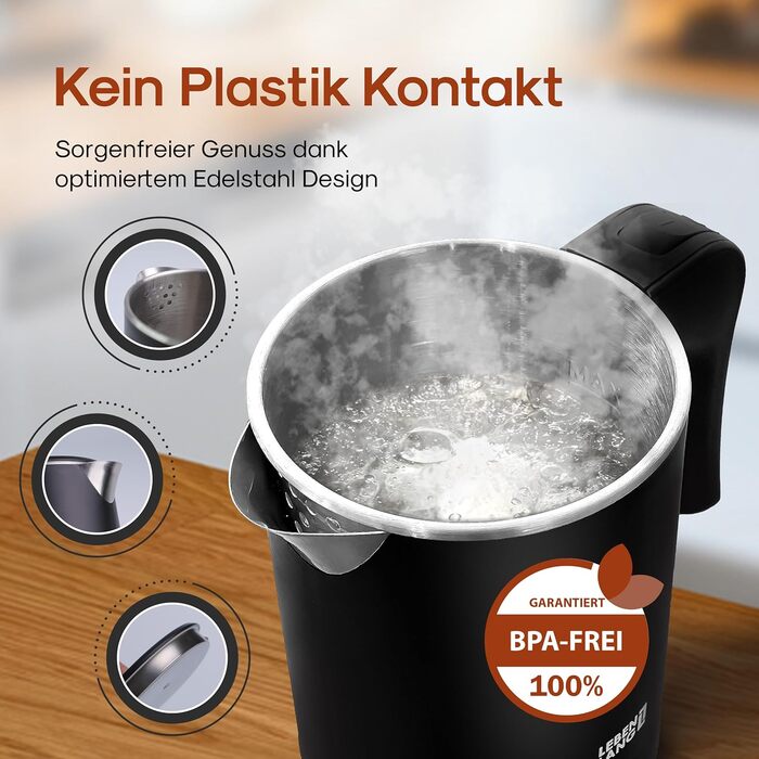 Електричний чайник для подорожей LEBENLANG Edelstahl 500 мл - нержавіюча сталь, BPA-Free, 600W, білий, енергоефективний, 0.5 л, для кемпінгу та подорожей (чорний)