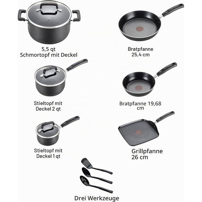 Набір антипригарного посуду T-fal Signature, 12 предметів, термостійкий до 350°C, каструлі та сковорідки, чорний