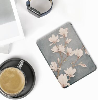 Чохол-книжка kwmobile для Amazon Kindle Paperwhite (2024)/Colorsoft: Захисний чохол з квітковим дизайном, магнітний замок, блакитно-червоно-білий колір, Magnolien Taupe Weiß, Blaugrau