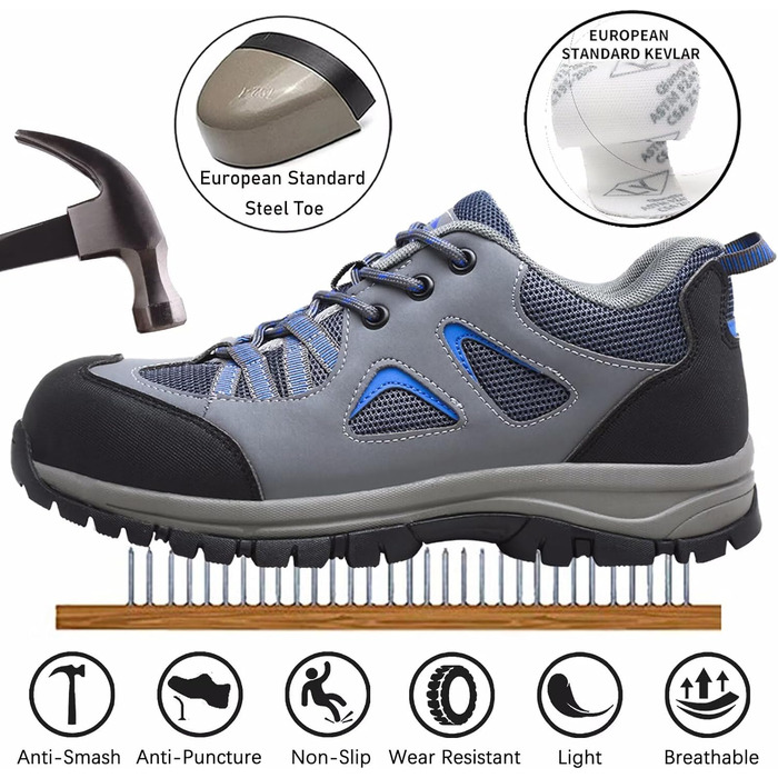 Чоловічі та жіночі робочі черевики-захисники. Легкі, дихаючі, антиковзкі, з металевим підноском. Сірий, синій, 44 EU