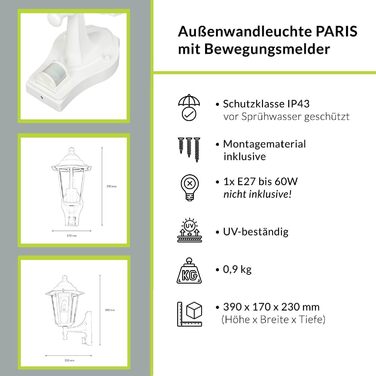 Зовнішнє настінне освітлення PARIS з датчиком руху, IP44, матеріал: алюміній, скло, висота: 23 см, цоколь E27, для саду та фасаду