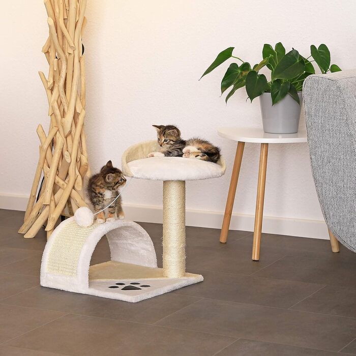 Kratzbaum, small with plush ball & scratching arch, height 43 cm, cozy lying area made of soft plush, stable with sisal rope for claw care, suitable for small & large cats, beige/white