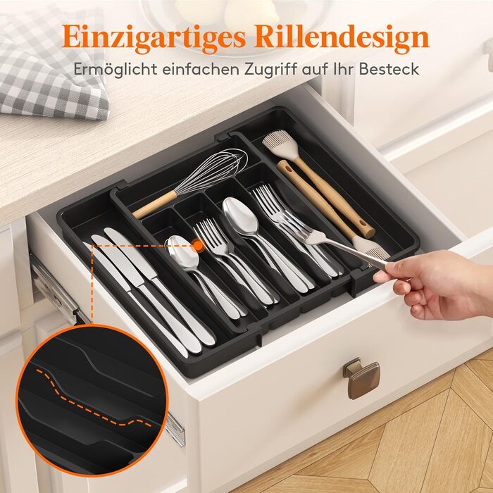 Органайзер для столових приладів Lifewit в шухляду, регульований, пластиковий, 33-57 см, глибина 38 см, чорний