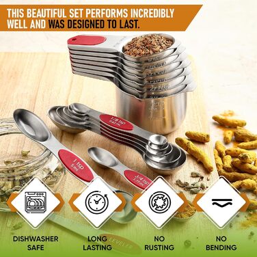 Spring Chef Magnetic Measuring Cup and Spoon Set (Patent Pending), strong N45 magnets, durable stainless steel, fits spice jars for baking & cooking, BPA-free, round, 15-piece set with