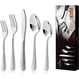 Набір столових приборів KitchenBoss на 6 осіб (30 предметів), нержавіюча сталь, придатний для миття в посудомийній машині, сріблястий
